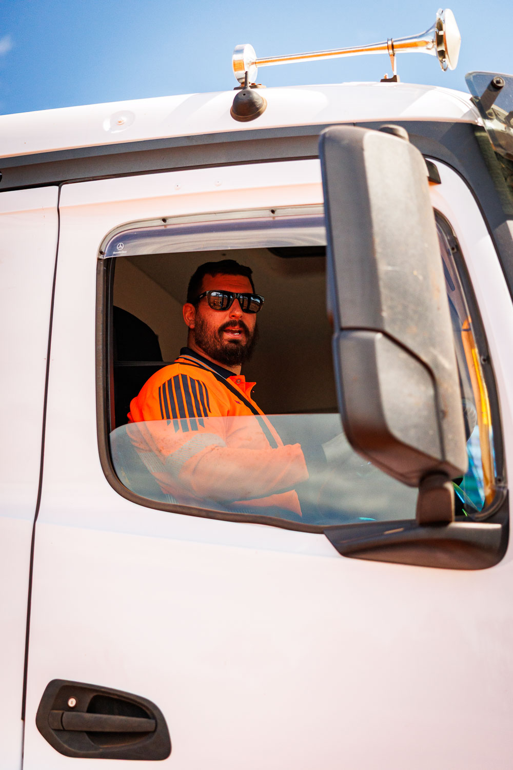 Mark Galus in the cab of the GEMS Civil Mercedes-Benz tipper